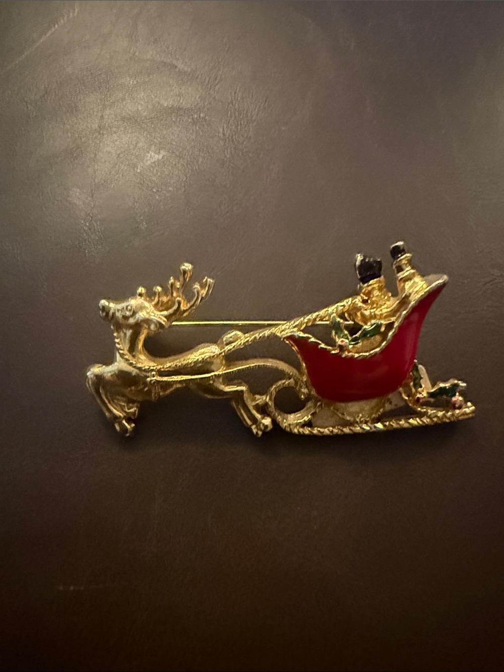 Gold-tone Reindeer with Red Sleigh Decorative Pin